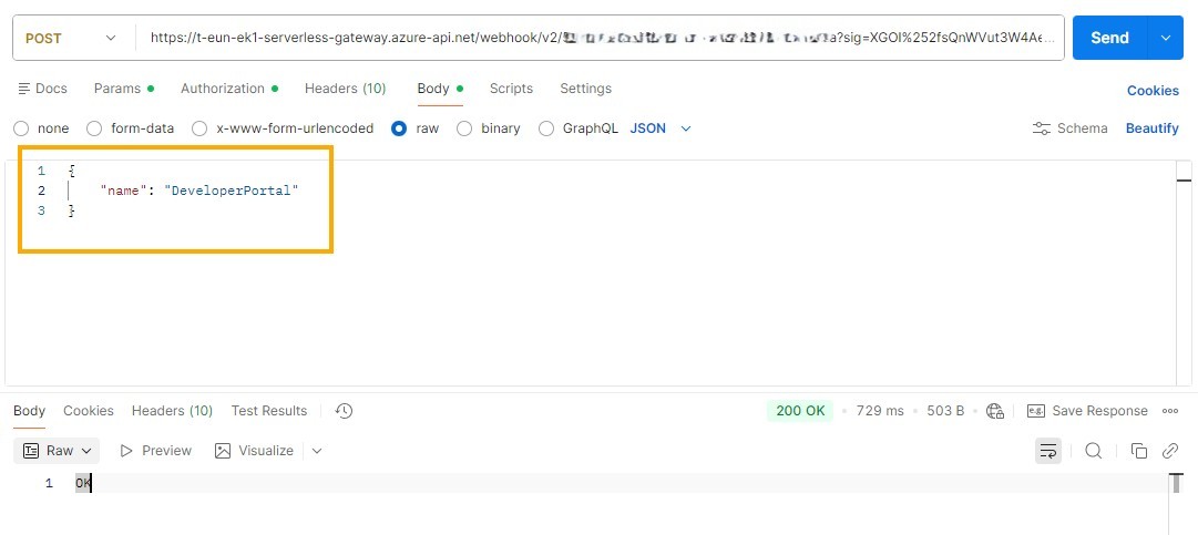 Postman test with body sent to EK flow